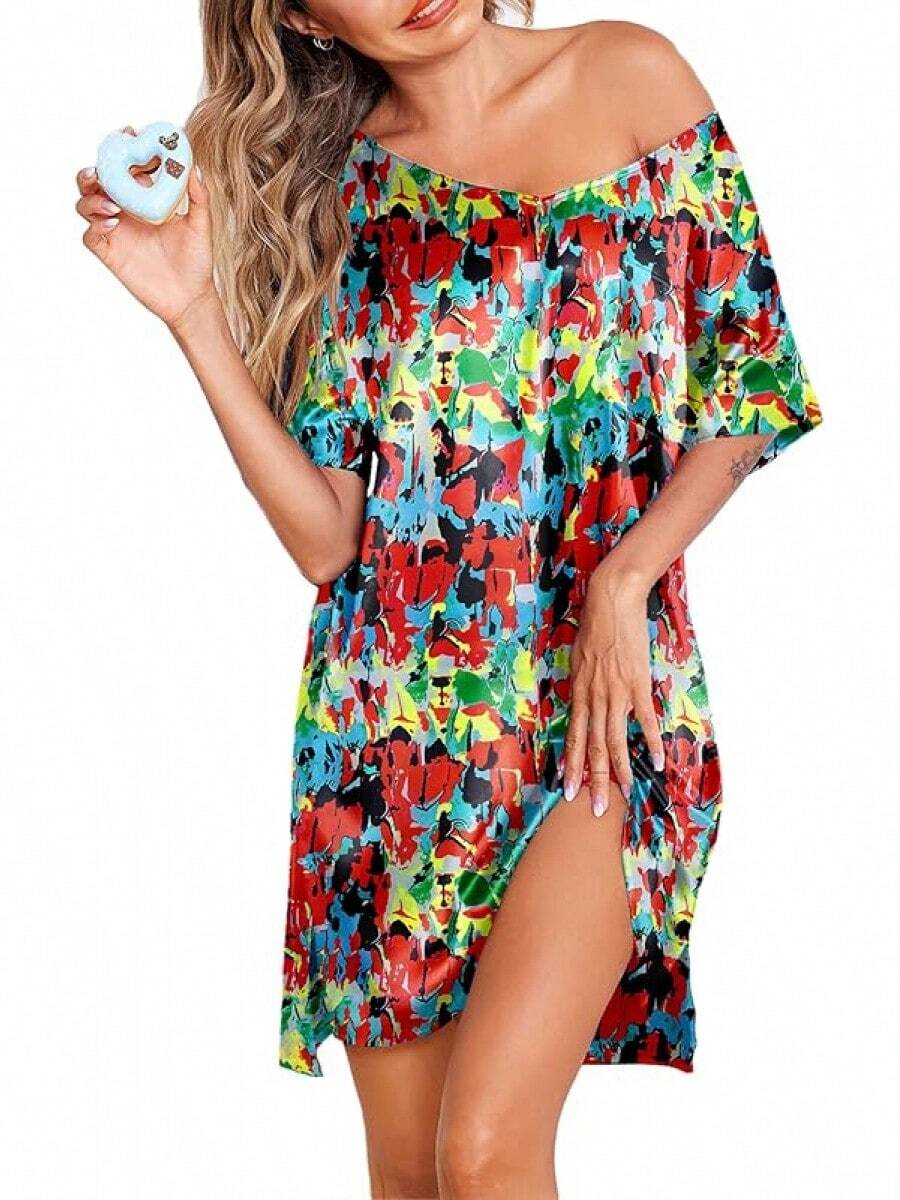 Women Satin Nightgowns Short Sleeve Silk Sleepwear Boyfriend Casual Dresses With Chest Pocket S-XXL - Pat1-彩色 - 查看 1