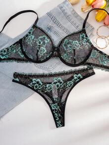 1 件套女士纯色花卉钢圈衬垫文胸套装，舒适内衣套装