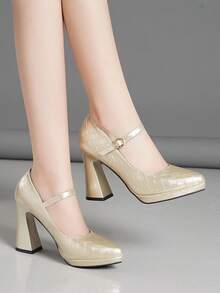 女士高跟鞋，踝带设计，粗跟，超高跟，粉色、杏色、裸色、酒红色、黑色、白色、红色、银色、金色、棕色可选，时尚百搭。 - 金色 - 查看 4