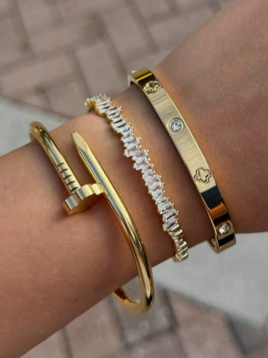3Pcs/Set Stainless Steel Nail & Four-Leaf Clover Bracelet Combo, Suitable For Women Everyday Wear, Christmas Gift, Holiday Present