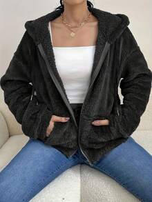 1pc Solid Color Fleece Zip Pocket Hooded Coat, Comfortable For Autumn/Winter - Black - View 1