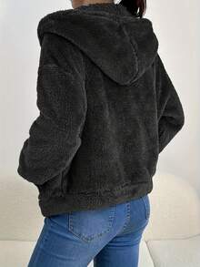 1pc Solid Color Fleece Zip Pocket Hooded Coat, Comfortable For Autumn/Winter - Black - View 2