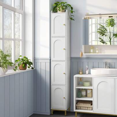 HEXCELEN Badezimmerschrank, Hochschrank Badezimmer mit 4 Türen, schlanker Badschrank, badschrank schmal hoch, verstellbaren Ablagen, Wohnzimmer, Küche, Schlafzimmer, 28 x 28 x 180 cm, Weiß
