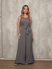 Sophisticated Everyday Jumpsuit With Wide Legs, Bow Ties And Pockets - 深灰色 - 查看 1