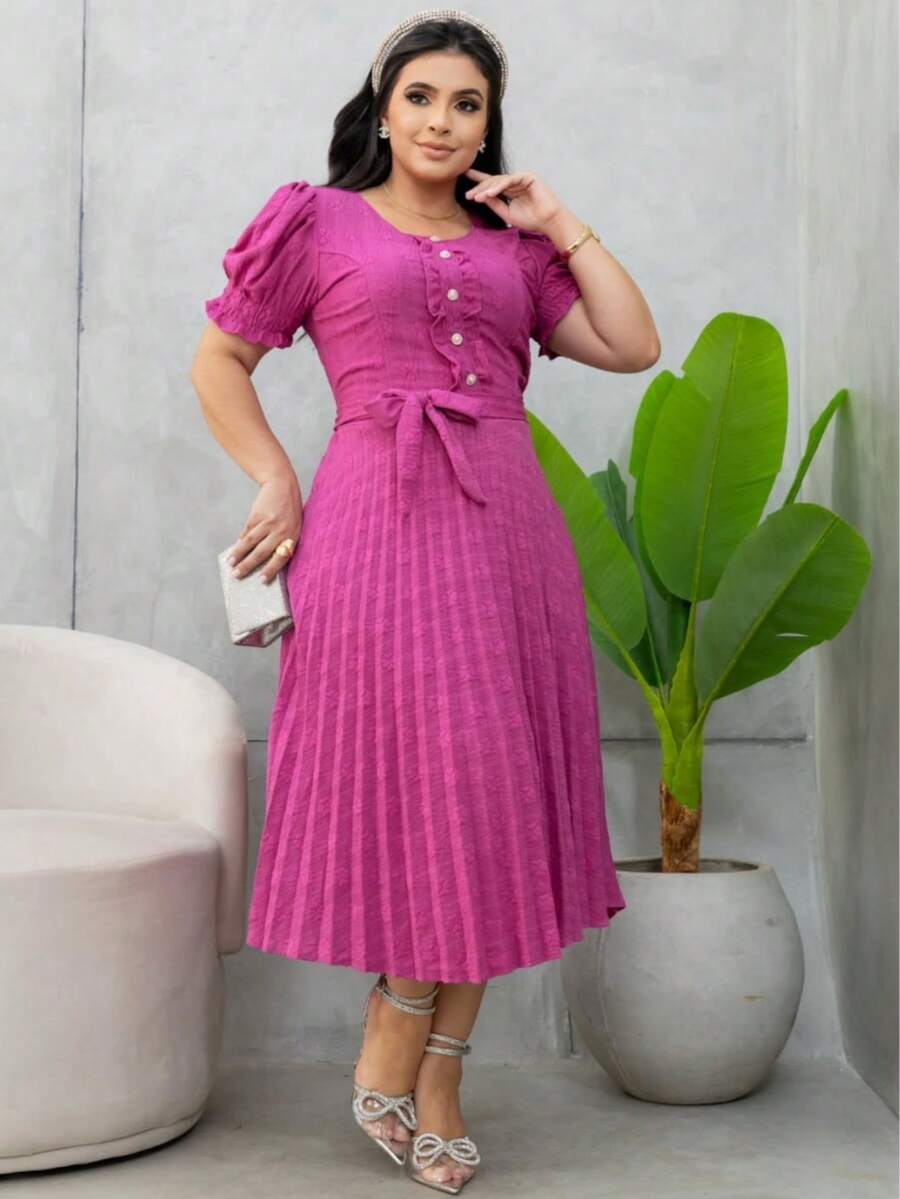 Pleated Midi Dress With Round Godet Neckline - 玫瑰紅 - 查看 1