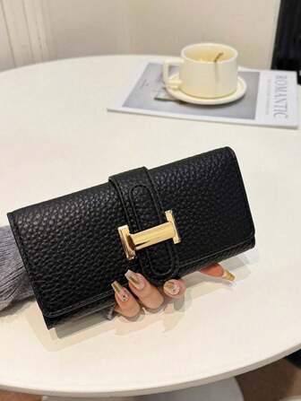 1pc Women's Classic Retro Lychee Pattern Soft Black Long Wallet Zipper Coin Purse Three-Fold Phone Wallet Anti-Theft Credit Card Holder Convenient Handbag For Women Wallet Purse Wallet