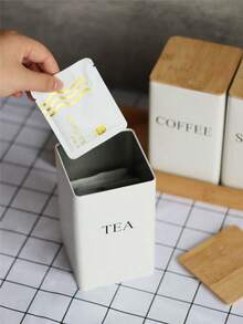 1个带竹盖的锻铁罐，密封厨房储物罐，适用于存放咖啡、糖、茶叶 - 方形马口铁密封罐，方便整理和食品储藏室展示 - 彩色 - 查看 5