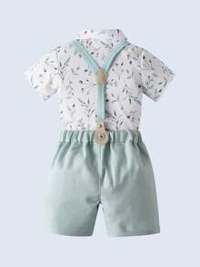 Conjunto de 2 peças para bebê menino estilo cavalheiro - Camisa de manga curta com gravata borboleta e bermuda verde com suspensórios, roupa formal elegante adequada para festas de aniversário de um mês, casamentos e cerimônias. - Verde - Ver 4