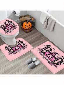 1/4-Stück Halloween einfaches rosafarbenes Kürbis Segen Duschvorhang-Set, rosa Kürbis Halloween Design, 100% Polyester Stoff Vorhang, wasserresistent & leicht zu reinigen, elegantes Einweihungsgeschenk, moderne Heimdekoration, inklusive Duschvorhang, Teppich und 12 Haken, perfekte Halloween Badezimmerdekoration