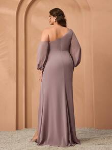 Vestido de dama de honor de gasa con hombro oblicuo, plisado y abertura alta para tallas grandes - Rosa vieja - Ver 2