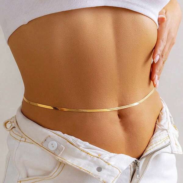 Summer Minimalist Metal Flat Snake Chain Belly Waist Chain Women's Fashion New Skini Beach Summer Body Jewelry Women Sexy Summer Beach Tassel Body Waist Chain Fringe Cross Tie Shoulder Bikini Harness Belt Chain Waistband Jewelry