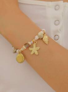 1 Peça Pulseira Feminina com Decoração de Conchas Marinhas, Estrelas-do-mar e Contas, em Estilo Praia de Verão, Elementos Oceânicos da Moda Adequados para Praia, Férias, Festa, Uso em Festivais de Música