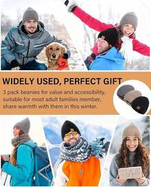 Gorros de lana para hombres, paquete de 3, gorros de invierno para hombres y mujeres, forrados de forro polarérmico cálido, gorro de moda grueso para chicos - Color-01 - Ver 7