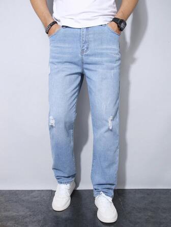 Teen Boys'' Straight Leg Jeans With Pockets And Distressed Design