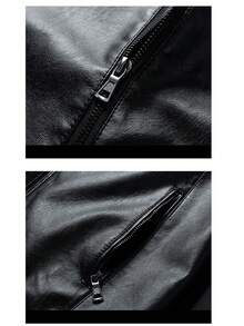 加大码男士长袖仿皮夹克，带拉链口袋，时尚拉链飞行员夹克，棒球领，适合春秋季穿着 - 黑色 - 查看 4