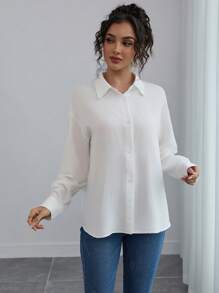 Damen einfarbige elegante Bluse mit Einzelknopfleiste und Langarm Kragen, modischer Lässig-Top für Frühling & Herbst