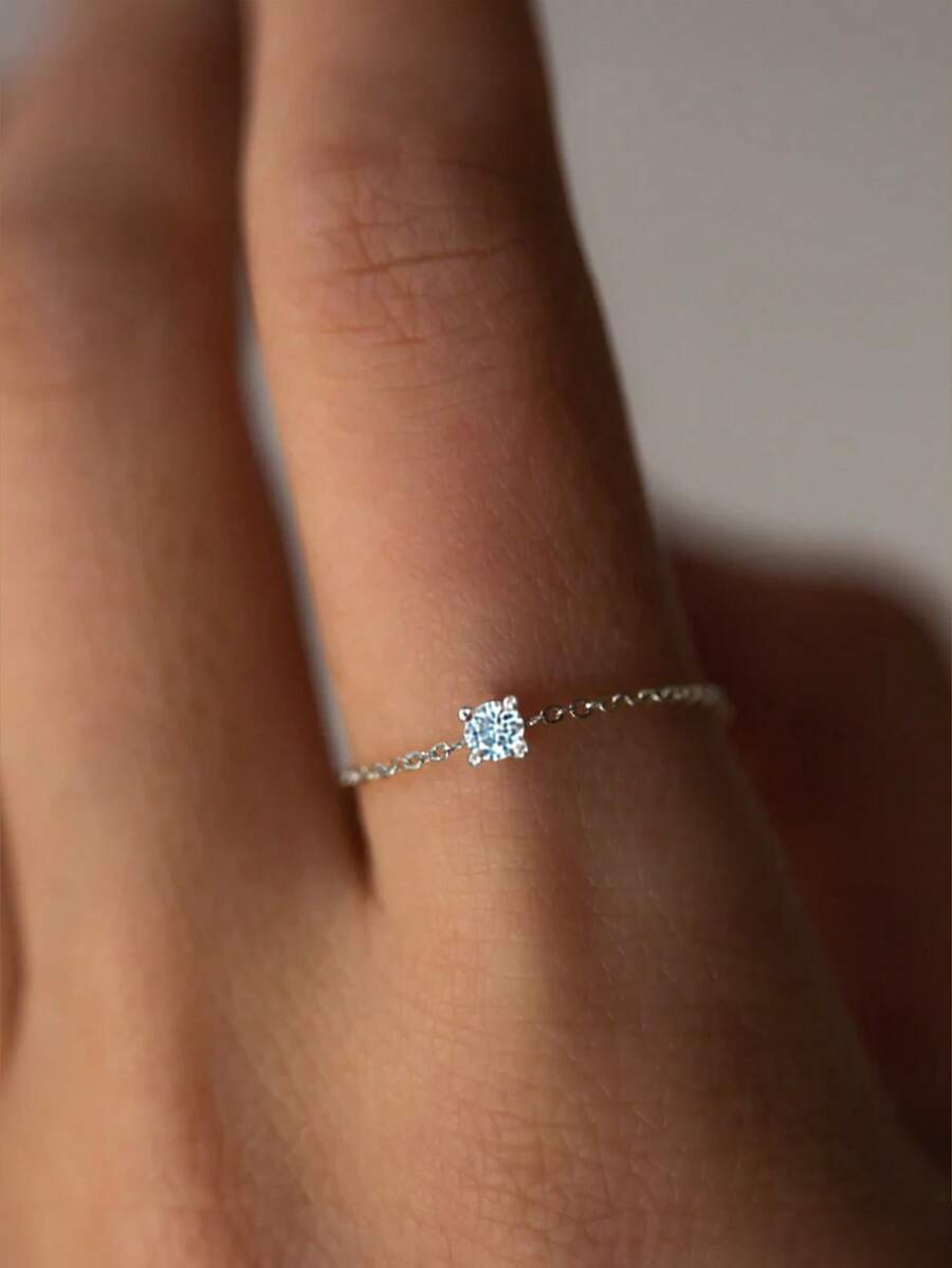 1件925纯银可调节宝石链戒指，精致女士饰品