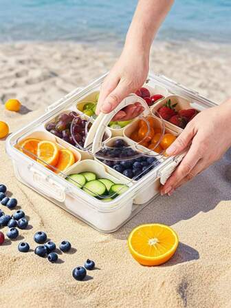1个装分段式密封午餐/零食盒，采用糖果、水果、坚果等材质制成。适用于海滩野餐、派对、冰箱冷藏。便携式设计，方便户外携带和厨房收纳，保持食物新鲜卫生。