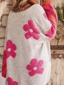 New Year Valentine's Day Women's Elegant Floral Print Knit Oversized Cardigan - V-Neck Long Sleeve Color-Block Sweater With Pink Flower Pattern For Gifts - 彩色 - 查看 3