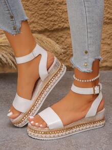 1 Pair Beige Thick-Soled Sandals For Teen Girls, Fashion Summer Wedge Heel Beach Sandals, Lightweight Waterproof Platform Sandals Suitable For Holidays And Everyday Wear