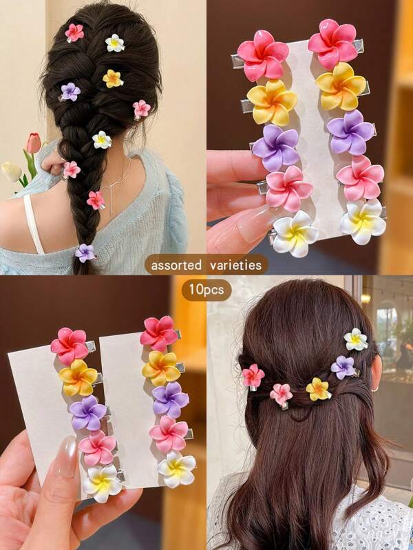 10pcs Random Color Flower Style Hair Clips, Sweet Style Hair Accessories For Girls