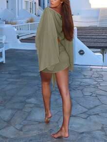 Women's Summer 2 Pieces Set Featuring Voluminous Sleeve Design Wrap Skirt, Fashionable & Elegant Resort/Vacation Style, Daffodil Yellow