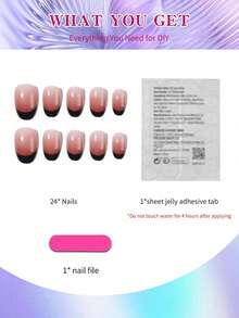 Eleva tu estilo con 24 piezas de uñas postizas de punta francesa corta y almendrada que se ajustan perfectamente, un set de uñas acrílicas falsas que contiene 1 pieza de pegamento de gelatina y 1 lima de uñas, uñas de punta francesa fáciles de usar para mujer y niña para uso diario, festivales y fiestas, suministros de uñas - Multicolor - Ver 3