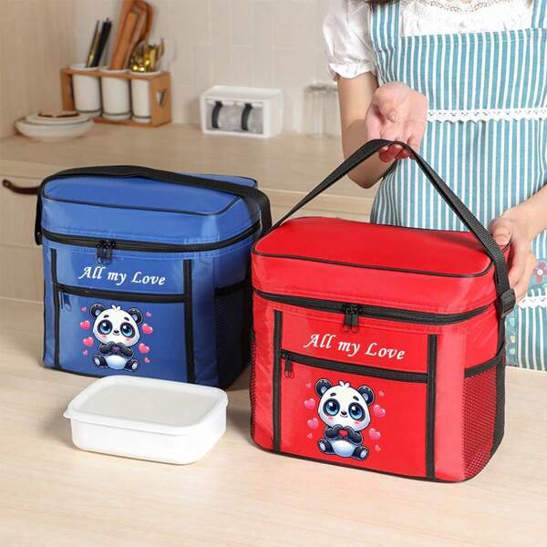 Süße Panda Herz isolierte Lunch Tasche - verstärkter Oxford Thermokühler Tragetasche für Picknick, Reisen & Büro, Multi-Fach wasserdichte wiederverwendbare Essentasche, leicht zu reinigen, perfektes Geschenk für Paare & täglichen Gebrauch