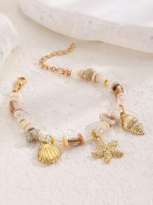 1 Peça Pulseira Feminina com Decoração de Conchas Marinhas, Estrelas-do-mar e Contas, em Estilo Praia de Verão, Elementos Oceânicos da Moda Adequados para Praia, Férias, Festa, Uso em Festivais de Música