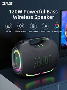 Loa không dây ZEALOT ZE01 120W, Loa di động ngoài trời, Loa Bluetooth, Pin dài 24000mAh, Có đèn màu RGB, Thời gian phát lại lên đến 8 giờ, Hỗ trợ điện thoại di động/Máy tính bảng/TV. Tương thích với thẻ SD/USB/AUX, Chức năng ghép nối nối tiếp, Thích hợp cho/Xe hơi/Ngoài trời/Cắm trại/Bãi biển/Tiệc tùng - lục lam - Xem 2
