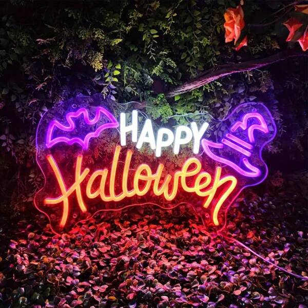 Fröhliches Halloween LED Neonlicht - einstellbare Helligkeit, USB betrieben, Wanddekoration für Partys, Hochzeiten, Bars und mehr - polierter Kunststoff