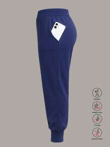 Plus Size Women Elastic Waist Drawstring Pockets Sport Pants, Loose & Comfy, Suitable For Fitness, Outdoor, & Casual Wear, All Season - Navy Blue - View 5