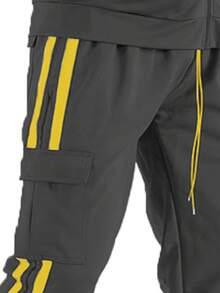 Mens Black And Yellow Side Stripe Cargo Track Pants Elastic Waist With Drawstring Ankle Zipper Streetwear ACtivewear Gym And Fitness Casual Pants  Regular Fit    Weekend Casual  Night Out  Sports  Daily - 黑色 黃色 - 查看 3