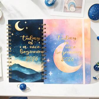 Un cuaderno para planificar el tiempo en 2026, encuadernado con espirales de oro para horarios diarios y semanales, con un diseño de acuarela del romántico cielo estrellado, adecuado para oficina, escuela, reuniones en el aula y suministros de oficina |Cuaderno exquisito|