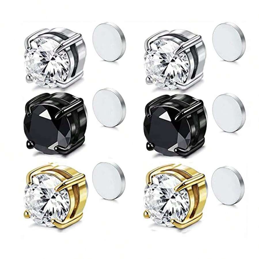 6pcs/Set Stainless Steel Magnetic Earrings, 6mm Magnetic Stud Earrings For Men And Women, Magnetic Non-Piercing Clip-On Earrings