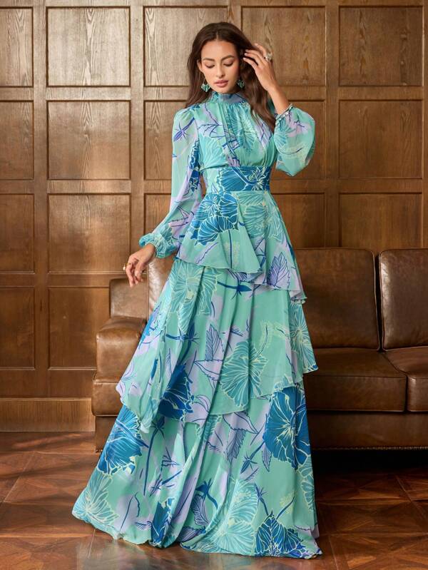 Faeriesty Printing Elegant Chiffon Evening Gown With Floral Prints, High Neck Bell Sleeves - Layered Ruffle Overlay, Perfect For Bohemian Garden Receptions, Vintage Bridal Banquets, And Red Carpet Appearances