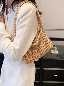 Women's Khaki Foldable Shoulder Tote Bag, Crochet Knit Handbag, Fashionable & Casual Vacation Purse - Khaki - View 5