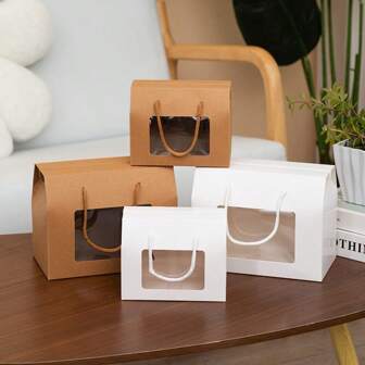 4 件/8 件大号白色带柄礼品盒，带窗口，小号棕色面包/糕点/马卡龙/糖果/饼干盒，适用于生日、派对、婚礼、休闲零食包装