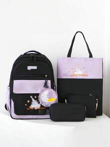 返校5件套新款尼龙材质可爱卡通小猫字母图案印花背包、手提包、斜挎包、零钱包、铅笔袋，大容量多功能设计，顺滑拉链开合，时尚休闲，简约甜美，日常户外、旅游度假、逛街百搭 - 黑色 - 查看 1