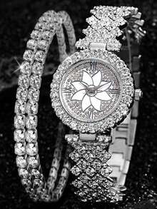 2pcs Women's Fashion Casual Quartz Watch, Round Luxury Full Diamond Watch, Paired With Rhinestone Bracelet Jewelry Set, Suitable For Daily Wear, Festivals And Parties, Best Gift For Women - Silver - View 12
