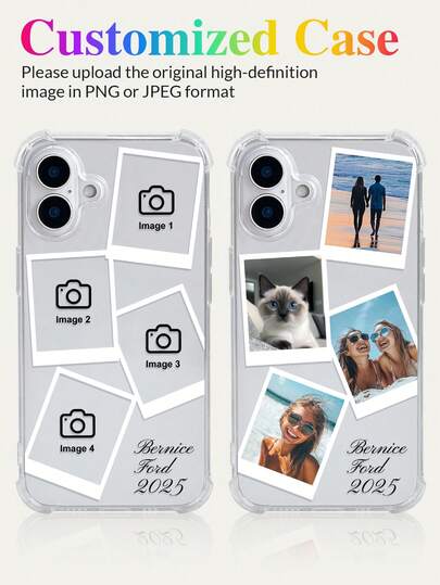 1pc Customized 4-Photo/Text Name Transparent Anti-Drop Phone Case Compatible With IPhone11/12/13/14/15/16/16pro/16plus/16promax/17/17pro/17promax/Air, Pixel 9A/S24/S25ultra/S25plus/S25edge/S25FE/A07/A17, Moto G85, Infinix Hot 50 Pro+ Etc., Suitable As Gift For Friends,2025 Halloween Accessories,Stylish,Colorful,Vintage,Cute,Contracted,Funny,Custom,Personalized,Unique,Customized,Ideal Gifts For Him,Ideal Gifts For Her,Boyfriend,Girlfriend,Family,Friends,Grandparents,Couple,For Anniversaries,For Birthdays,Phone Cases,Cell Phones & Accessories