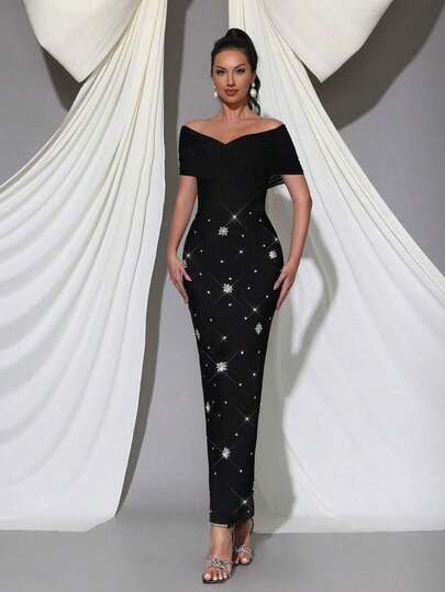 Ny sexig axelbandslös rygglös kraftig arbetsklänning med glänsande het diamanter, smal passform, enaxlad lång bandageklänning i svart för kvinnor, formell middag, fest, bröllopsklänning