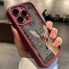 1pc Wine Red Matte Gradient Geometric Cute Deer Pattern Phone Case, Compatible With IPhone 16 Pro Max, 15/14 Plus, 13, 12, 11 And Series Waterproof Shockproof Anti-Fall Scratch Resistant - Multicolor - View 2