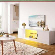 160 CM TV Grande, con Vidrio Templado Luz LED Centro de Entretenimiento para T V, Mesa para de Madera de Alta Gama, Apto para Salón y Dormitorio (Color Gris) - Blanco - Ver 5