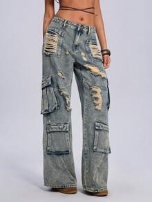 ROMWE Women's Vintage Acid-Washed Low-Waist Wide-Leg Utility Jeans Grunge Washed Distressed Low Rise Straight Baggy Jeans Women - Dark Wash - View 3