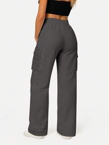 Pantalones rectos de unicolor casual para mujer con bolsillos, versátiles para uso diario, primavera/otoño/invierno - Gris Oscuro - Ver 5