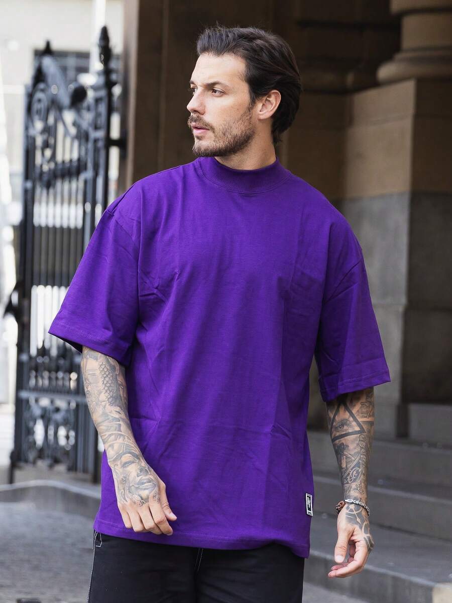 Oversized Plain Turtleneck Basic Streetwear T-Shirt For Men Unisex - Màu tím - Xem 1