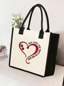1套多功能手提包，印有爱心小狗爪印，方形帆布，方形购物袋，配黑白拼布袋和黑卡其拼布袋，便携、轻便可折叠收纳袋，简约包包，护士包、医生包、教师节收纳袋，适合婚礼、生日、海滩和节假日，亚麻手提包，礼品袋，适合送给妈妈的礼物，个人旅行化妆品，购物袋