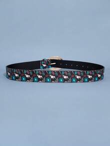 1 件女士奢华复古金属扣西式图案印花腰带，百搭日常佩戴