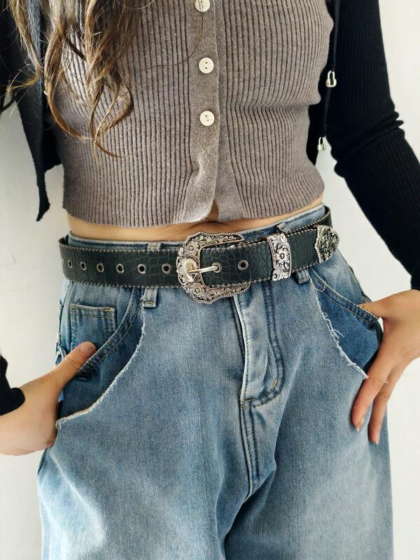 1 pièce de style cowgirl occidentale, ceinture avec décor de perle et motif gaufré crocodile. Accessoire de mode Y2K polyvalent pour femmes et hommes, convient pour les robes, pantalons, vestes, pour un usage quotidien, en soirée ou décontracté